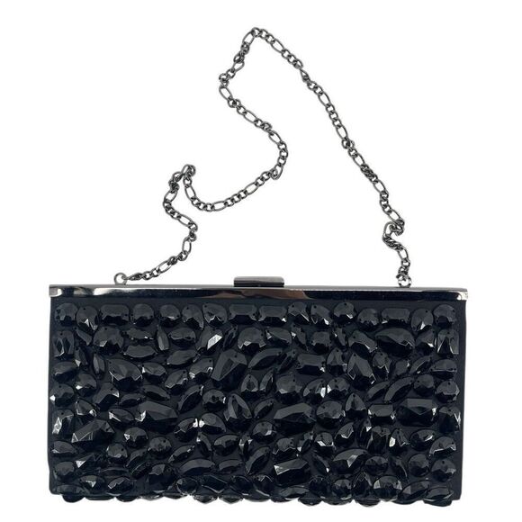 White House Black Market Black Faceted Beaded Evening Clutch Hard Case - Picture 2 of 11